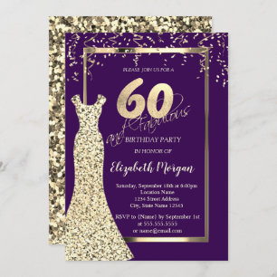 Gold Sequins Dress Purple 60th Birthday  Invitation