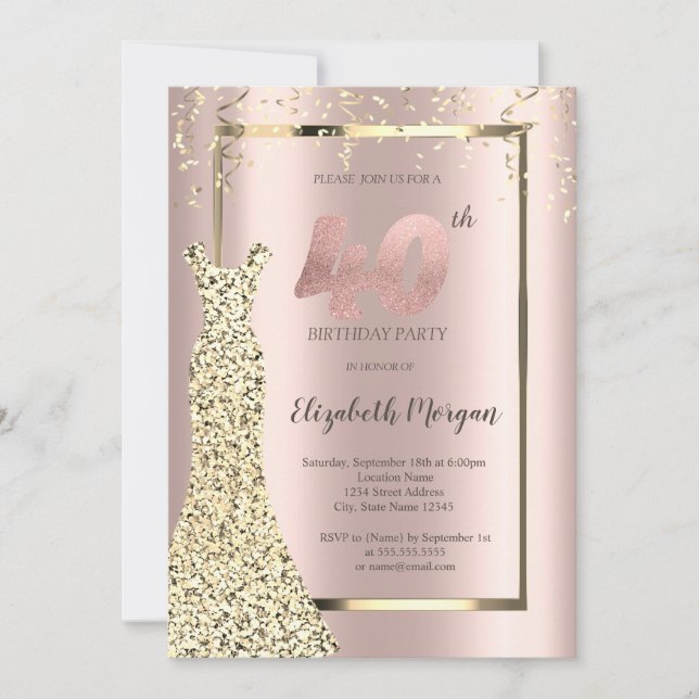 Gold Sequins Dress Rose Gold 40th Birthday Invitation (Front)