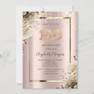 Gold Sequins,Flowers Rose Gold 100th Birthday   Invitation