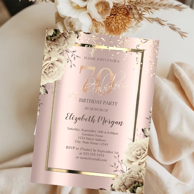 Gold Sequins,Flowers Rose Gold 70th Birthday   Invitation (Creator Uploaded)