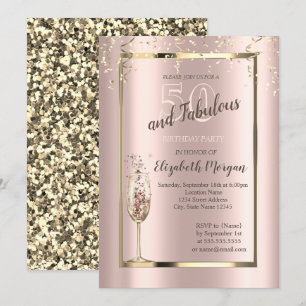 Gold Sequins Glitter Champagne Glass 50th Birthday Invitation