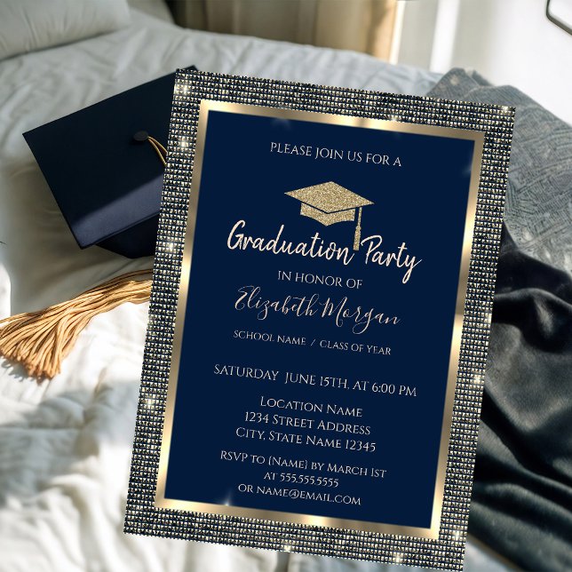  Gold Sequins Graduation Cap Navy Blue Graduation  Invitation (Creator Uploaded)