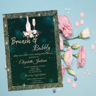 Gold Sequins Green Brunch & Bubbly Bridal Shower Invitation