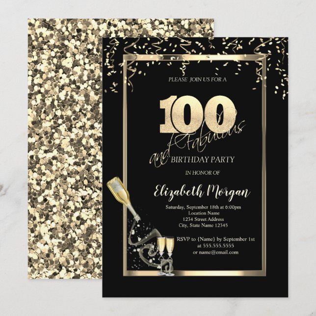 Gold Sequins,Wine Glass Bottle 100th Birthday   Invitation (Front/Back)