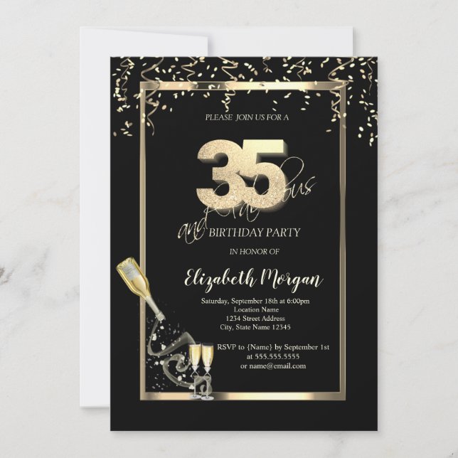 Gold Sequins,Wine Glass Bottle 35th Birthday  Invitation (Front)