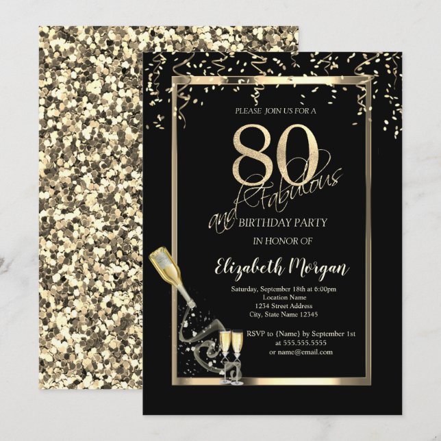 Gold Sequins,Wine Glass Bottle 80th Birthday   Invitation (Front/Back)