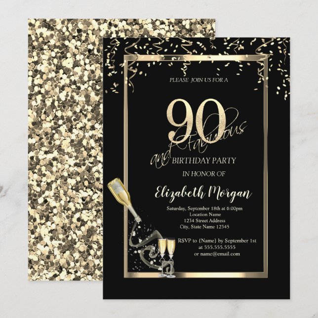 Gold Sequins,Wine Glass Bottle 90th Birthday   Invitation (Front/Back)