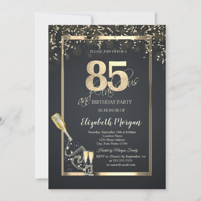 Gold Sequins,Wine Glass Bottle Grey 85th  Invitation (Front)