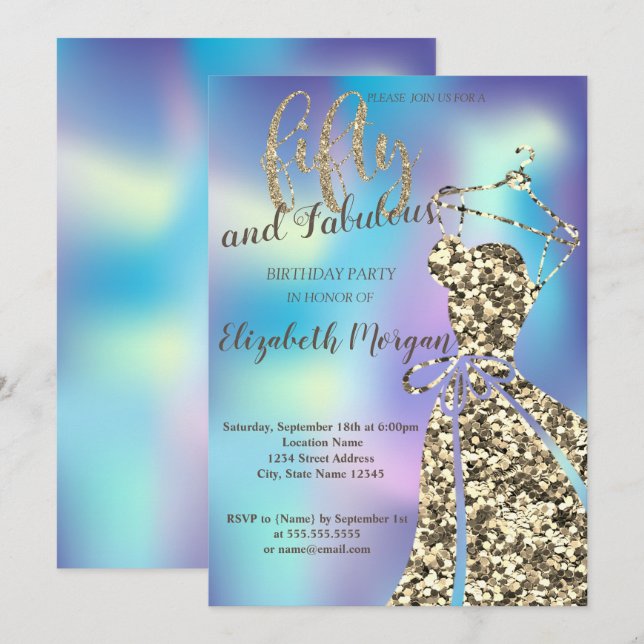 Gold SequinsDress,Holographic 50th Birthday Party Invitation (Front/Back)