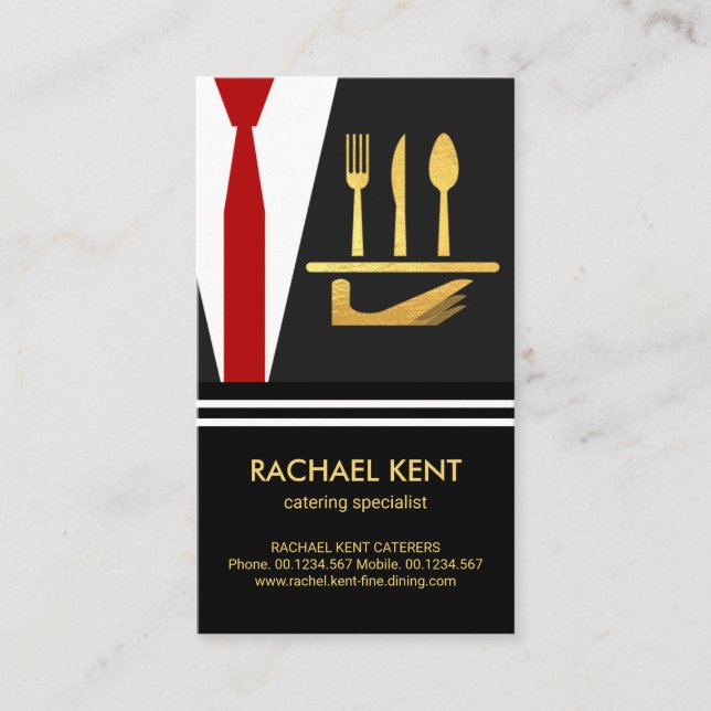 Gold Serving Plate Cutlery Butler's Tuxedo Suit Business Card (Front)