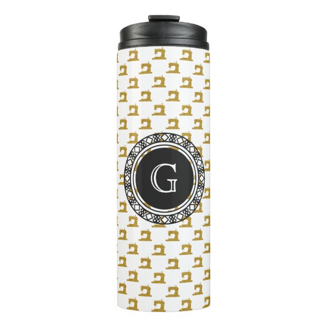 Gold Sewing Machine Pattern w/ Monogram • Crafts Thermal Tumbler (Front)