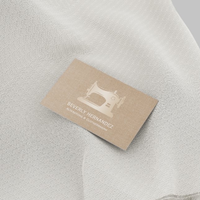 Gold Sewing Machine Seamstress Beige Linen  Business Card (Creator Uploaded)
