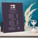 Gold Sewing Machine Seamstress Purple pricing  Plaque<br><div class="desc">Understated design displays your services, price list or business information beneath an illustration of a vintage sewing machin in faux gold over a purple background and your name or business name. Includes three customisable headings and body text fields. To adjust layout, enter your text and then use the Customise function...</div>