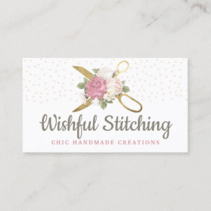 Gold Sewing Scissors & Shabby Chic Floral Roses Business Card