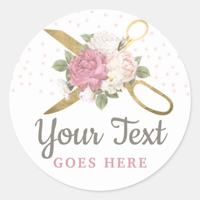 Gold Sewing Scissors & Shabby Chic Floral Roses Classic Round Sticker (Front)