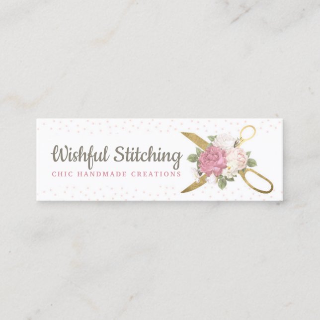 Gold Sewing Scissors Shabby Floral Social Media Mini Business Card (Front)