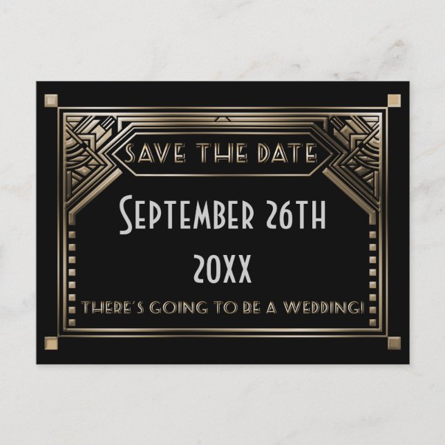 Gold Shaded Gatsby Art Deco Wedding Save the Date Announcement Postcard (Front)