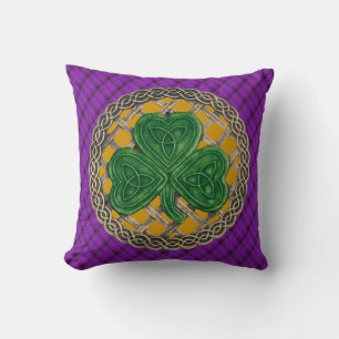 Gold Shamrock Celtic Knots On Purple Plaid Cushion