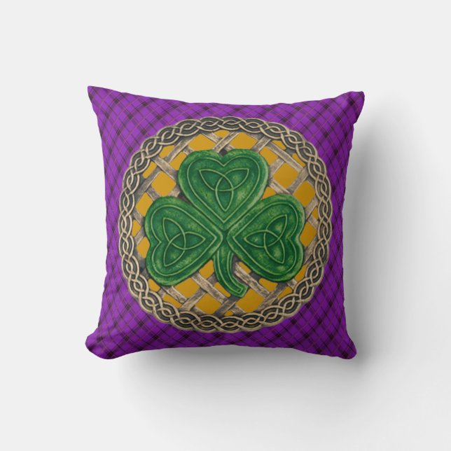 Gold Shamrock Celtic Knots On Purple Plaid Cushion (Front)