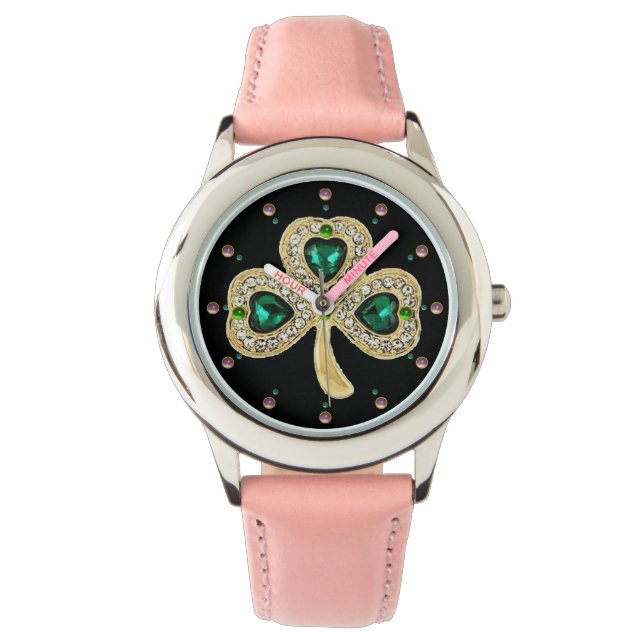 GOLD SHAMROCK JEWEL EMERALD GREEN HEARTS,Gemstones Watch (Front)