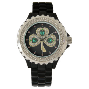 GOLD SHAMROCK JEWEL EMERALD GREEN HEARTS,Gemstones Watch