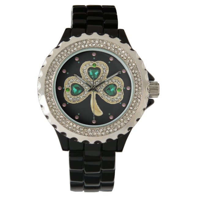 GOLD SHAMROCK JEWEL EMERALD GREEN HEARTS,Gemstones Watch (Front)