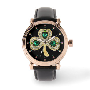 GOLD SHAMROCK JEWEL EMERALD GREEN HEARTS,Gemstones Watch