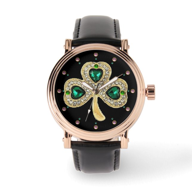 GOLD SHAMROCK JEWEL EMERALD GREEN HEARTS,Gemstones Watch (Front)