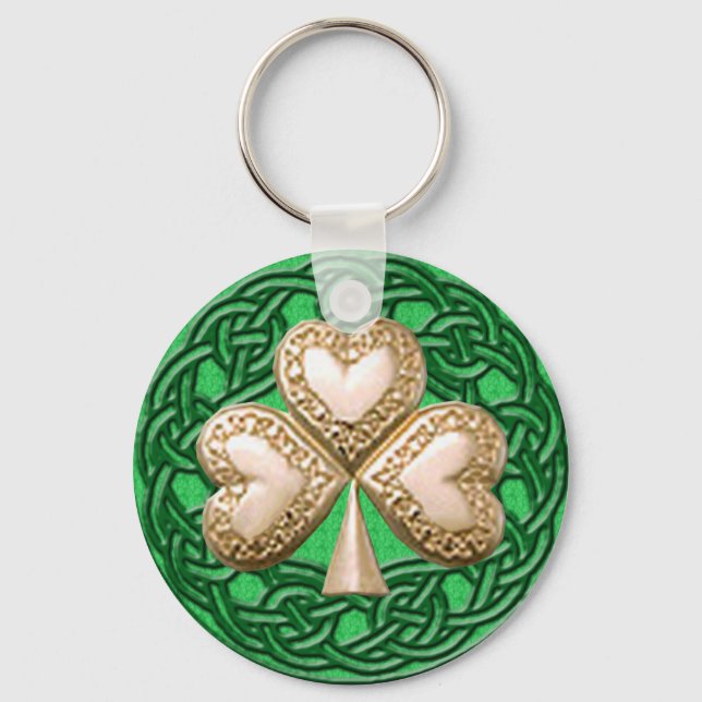 Gold Shamrock On Celtic Knots Key Chain (Front)