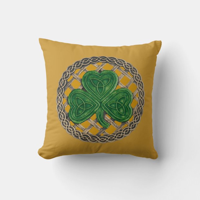 Gold Shamrock On Celtic Knots Reversible Pillow (Front)