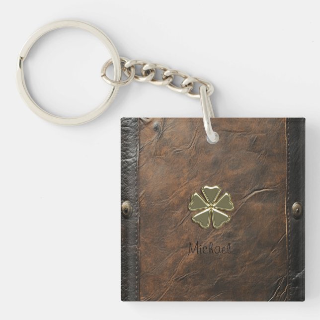 Gold Shamrock St.Patrick`s Day,Brown Leather Key Ring (Front)