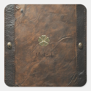 Gold Shamrock St.Patrick`s Day,Brown Leather Square Sticker