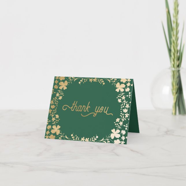 Gold Shamrocks, Irish Green Folded Thank You Card (Front)