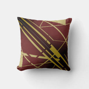 Gold Shapes Lines on Burgundy Black Flowing Design Cushion