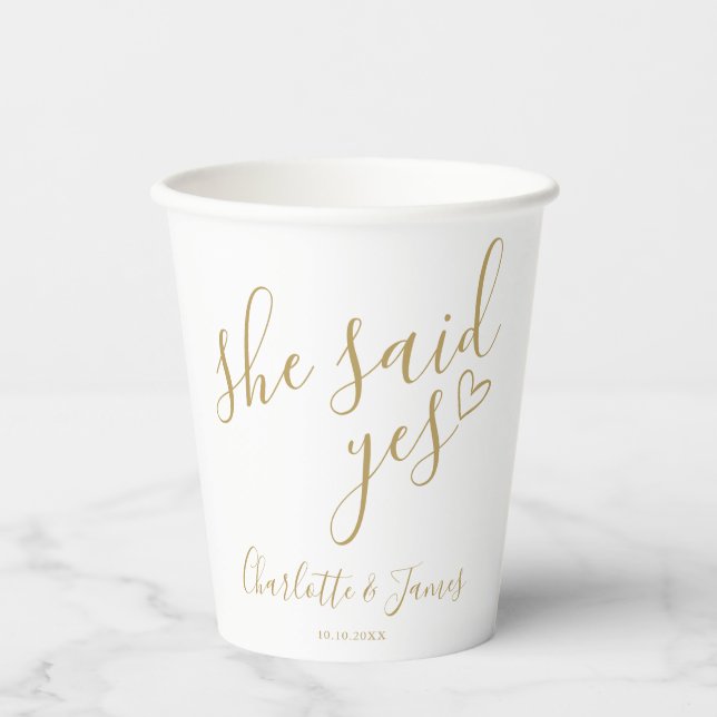 Gold She Said Yes Engagement Party Love Heart Paper Cups (Front)