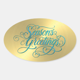 Gold Sheen Turquoise Blue Season's Greetings Oval Sticker