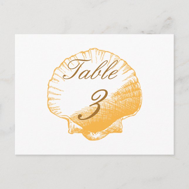Gold Shells Beach Wedding Table Number Cards (Front)