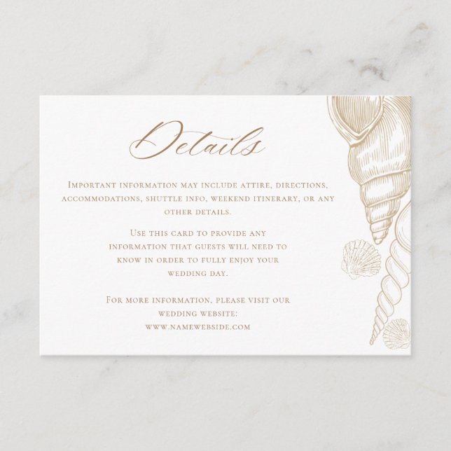 Gold Shells & White Coastal Wedding Details Enclosure Card (Front)