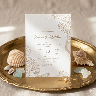 Gold Shells & White Coastal Wedding Invitation