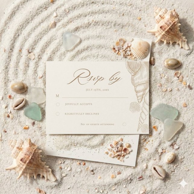 Gold Shells & White Coastal Wedding  RSVP Card (Creator Uploaded)