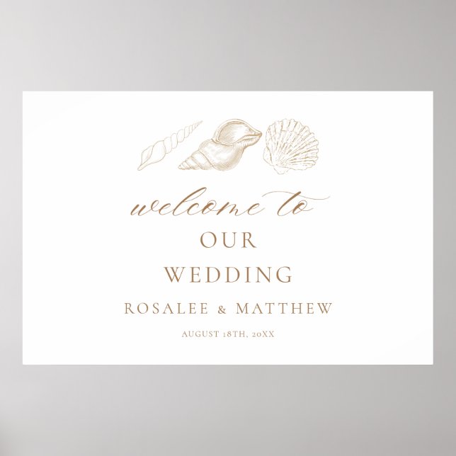 Gold Shells & White Coastal Wedding Welcome Sign (Front)