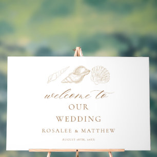 Gold Shells & White Coastal Wedding Welcome Sign