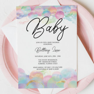 Gold Shimmer and Bubble Rainbow 1st Baby Shower Invitation