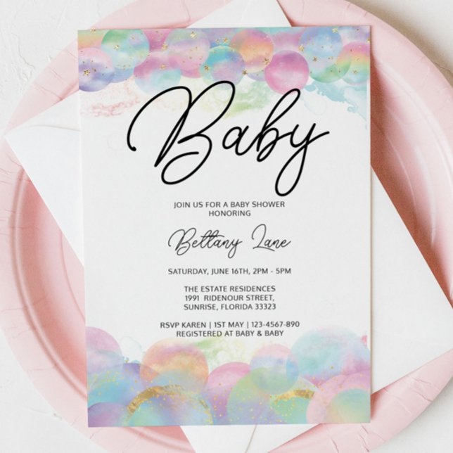 Gold Shimmer and Bubble Rainbow 1st Baby Shower Invitation (Creator Uploaded)
