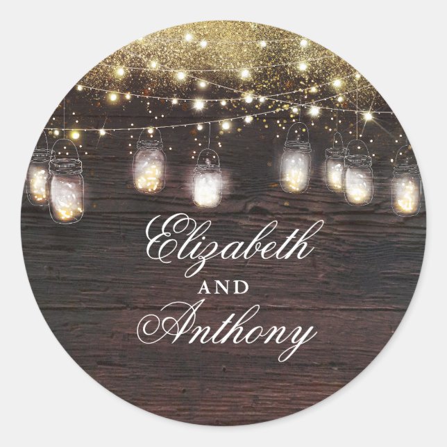 Gold Shimmer and Mason Jar Lights Rustic Classic Round Sticker (Front)