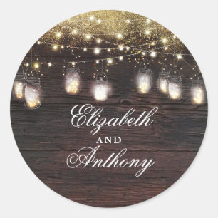 Gold Shimmer and Mason Jar Lights Rustic Classic Round Sticker