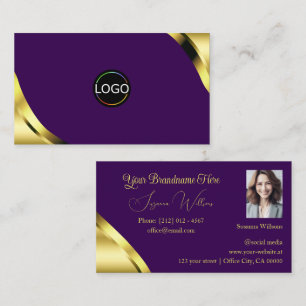 Gold Shimmer Corners on Purple with Logo and Photo Business Card