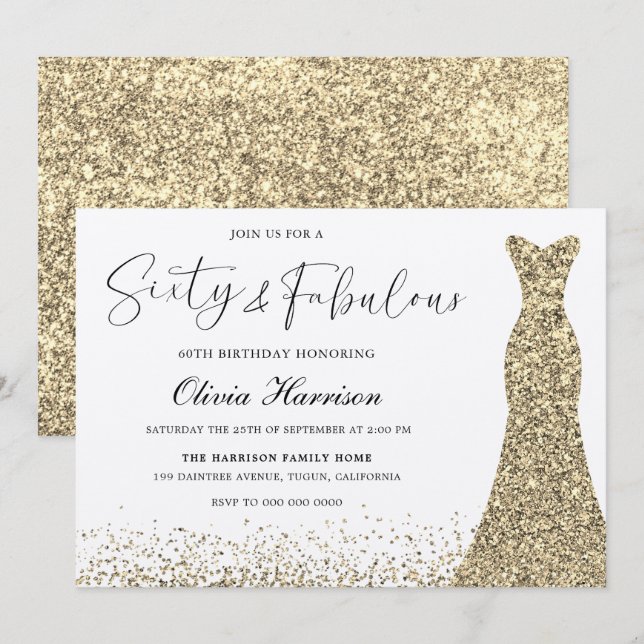 Gold Shimmer Dress Sixty & Fabulous 60th Birthday Invitation (Front/Back)