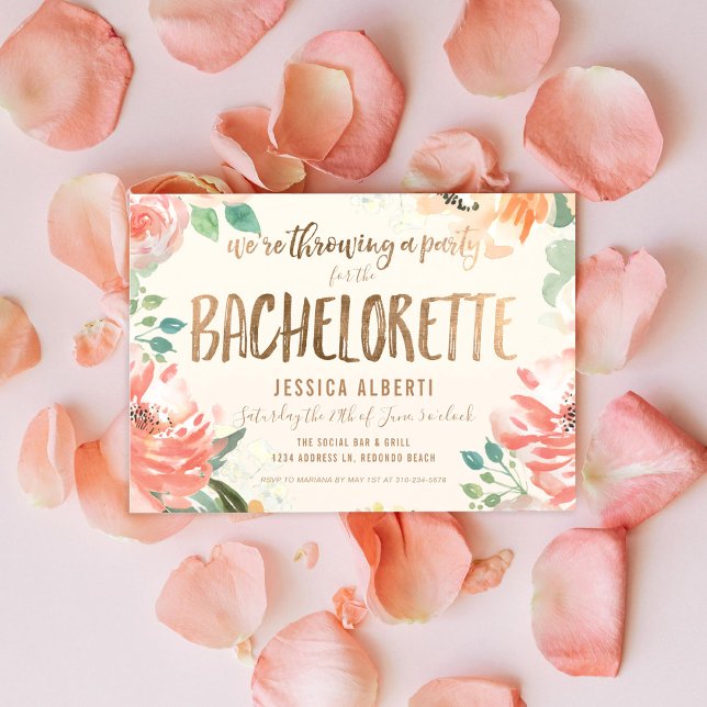 Gold Shimmer Floral Watercolor Bachelorette Party Invitation (Creator Uploaded)