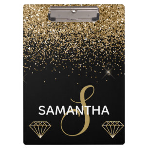 Gold Shimmer Glitter & Diamonds Monogram Clipboard